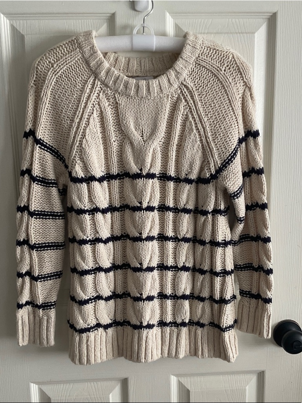 J. Jill Cream Cable Knit Sweater with Navy Stripes